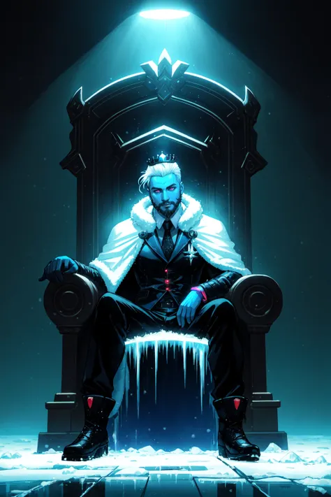 crown, throne, ice, winter scene, iced over throne, 1boy, sitting, male focus, bird, beard, blue skin, facial hair, penguin, solo, blue theme, cape, colored skin, white hair, (zentangle, entangle, mandala:0.5),  NeonLighting NeonLightingScene  DemonUnderWorld Earth-QualityPos,