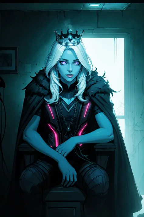 Cent-Angle  NeonLighting NeonLightingScene  DemonUnderWorld Earth-QualityPos EarthPorcelain crown, throne, 1boy, sitting, male focus, bird, beard, blue skin, facial hair, penguin, solo, blue theme, cape, colored skin, white hair,