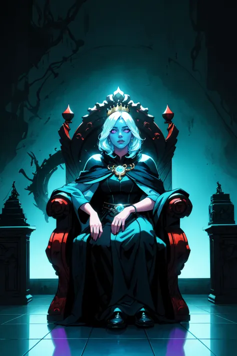 Cent-Angle  NeonLighting NeonLightingScene  DemonUnderWorld Earth-QualityPos EarthPorcelain crown, throne, 1boy, sitting, male focus, bird, beard, blue skin, facial hair, penguin, solo, blue theme, cape, colored skin, white hair,