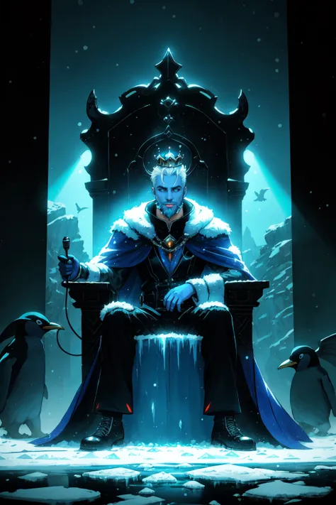 crown, throne, ice, winter scene, iced over throne, 1boy, sitting, male focus, bird, beard, blue skin, facial hair, penguin, solo, blue theme, cape, colored skin, white hair, (zentangle, entangle, mandala:0.5),  NeonLighting NeonLightingScene  DemonUnderWorld Earth-QualityPos,