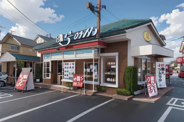 best quality, ultra-detailed, illustration,
hachibanramen, storefront, scenery, outdoors, sky, cloud, day, sign, building, tree, road, plant, blue sky, shop, power lines, utility pole
<lora:hachibanramen8_SD15_V1_DIM4:1>