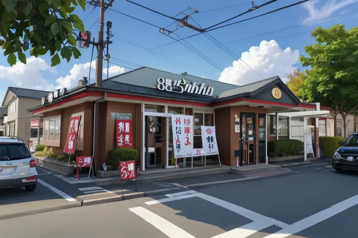 best quality, ultra-detailed, illustration,
hachibanramen, storefront, scenery, outdoors, power lines, sky, utility pole, road, tree, day, street, building, sign, blue sky, cloud, japan, road sign, plant, fence
<lora:hachibanramen8_SD15_V1_DIM4:1>