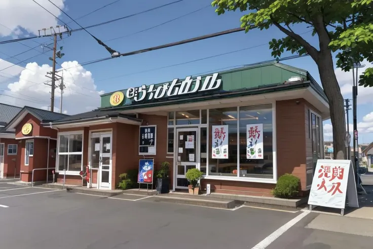 best quality, ultra-detailed, illustration,
hachibanramen, storefront, scenery, outdoors, sky, cloud, day, sign, building, tree, road, plant, blue sky, shop, power lines, utility pole
<lora:hachibanramen8_SD15_V1_DIM4:1>