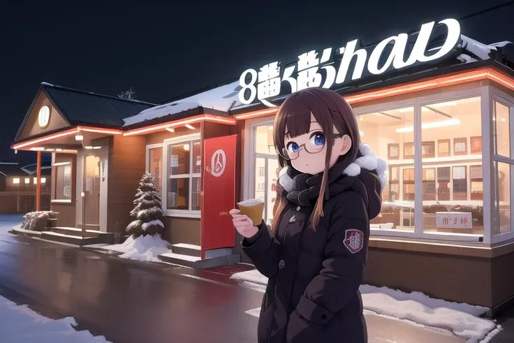 ultra detail,best quality,masterpiece, 1girl,glasses,close up, winter outfit,snow,standing near store,hachibanramen, storefront, outdoors, building,night sky, road, sign,<lora:hachibanramen8_SD15_V1:0.7>winter ,snow country