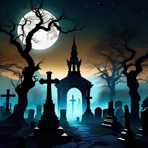 arafed cemetery with pumpkins and bats in the moonlight, halloween atmosphere, dark graveyard scene, spooky halloween night, spooky and scary atmosphere, halloween theme, halloween scene, graveyard landscape at night, halloween, graveyard background, halloween celebration, halloween night, spooky halloween theme, graveyard, scary atmosphere, background artwork, haunted gravestones, bats flying over tombstones, scary night