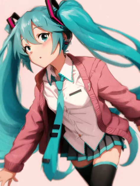 hatsune miku, school uniform, open cardigan, blue necktie, 1girl, solo, zettai ryouiki, center opening, simple background, khyle. <lora:khyle-style:1>