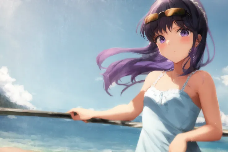 masterpiece, 1girl, blue gradient hair, solo, expressionless, purple eyes, sky, sunglasses, sundress, khyle. <lora:khyle-style:1>