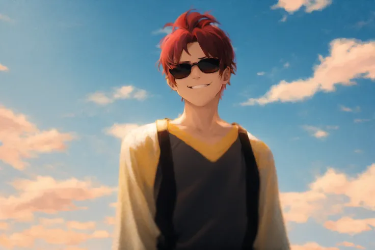 masterpiece, 1boy, red gradient hair, solo, expressionless, sky, sunglasses, smile, smug, khyle. <lora:khyle-style:1>
