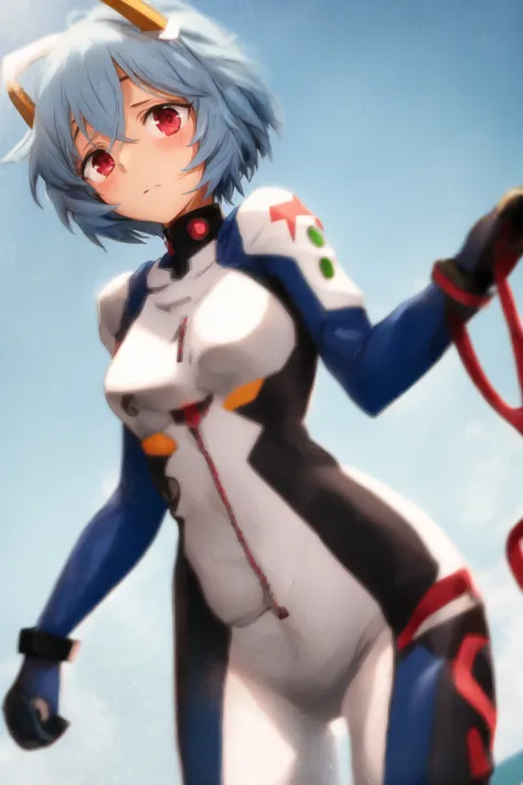 masterpiece, 1girl, ayanami rei, blue hair, solo, expressionless, whte plugsuit, red eyes, sky, khyle. <lora:khyle-style:1>