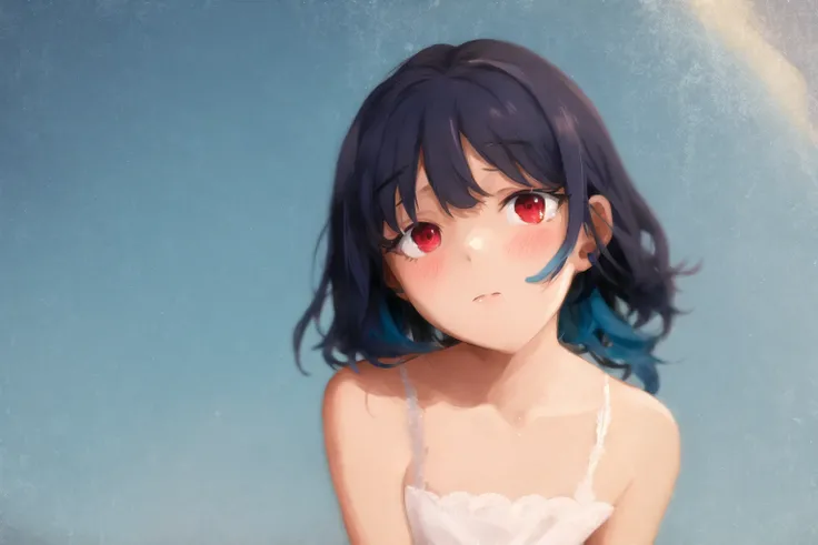 masterpiece, 1girl, blue hair, solo, expressionless, red eyes, sky, khyle. <lora:khyle-style:1>