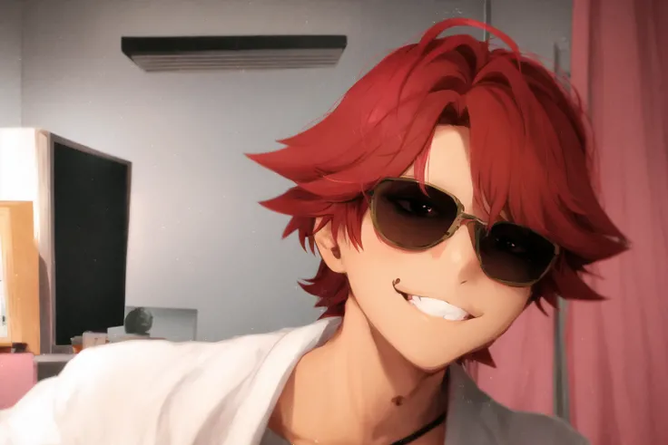 masterpiece, 1boy, red gradient hair, solo, expressionless, bedroom, computer, sunglasses on head, smile, smug, khyle. <lora:khyle-style:1>