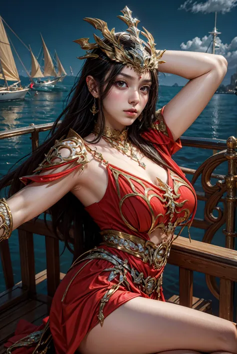 cai lin red dress long hair mature female hair ornament midriff jewelry,set in yacht,<lora:eclipse fire :0.45> <lora:cailin-v1.5-lora-naivae-final:1>