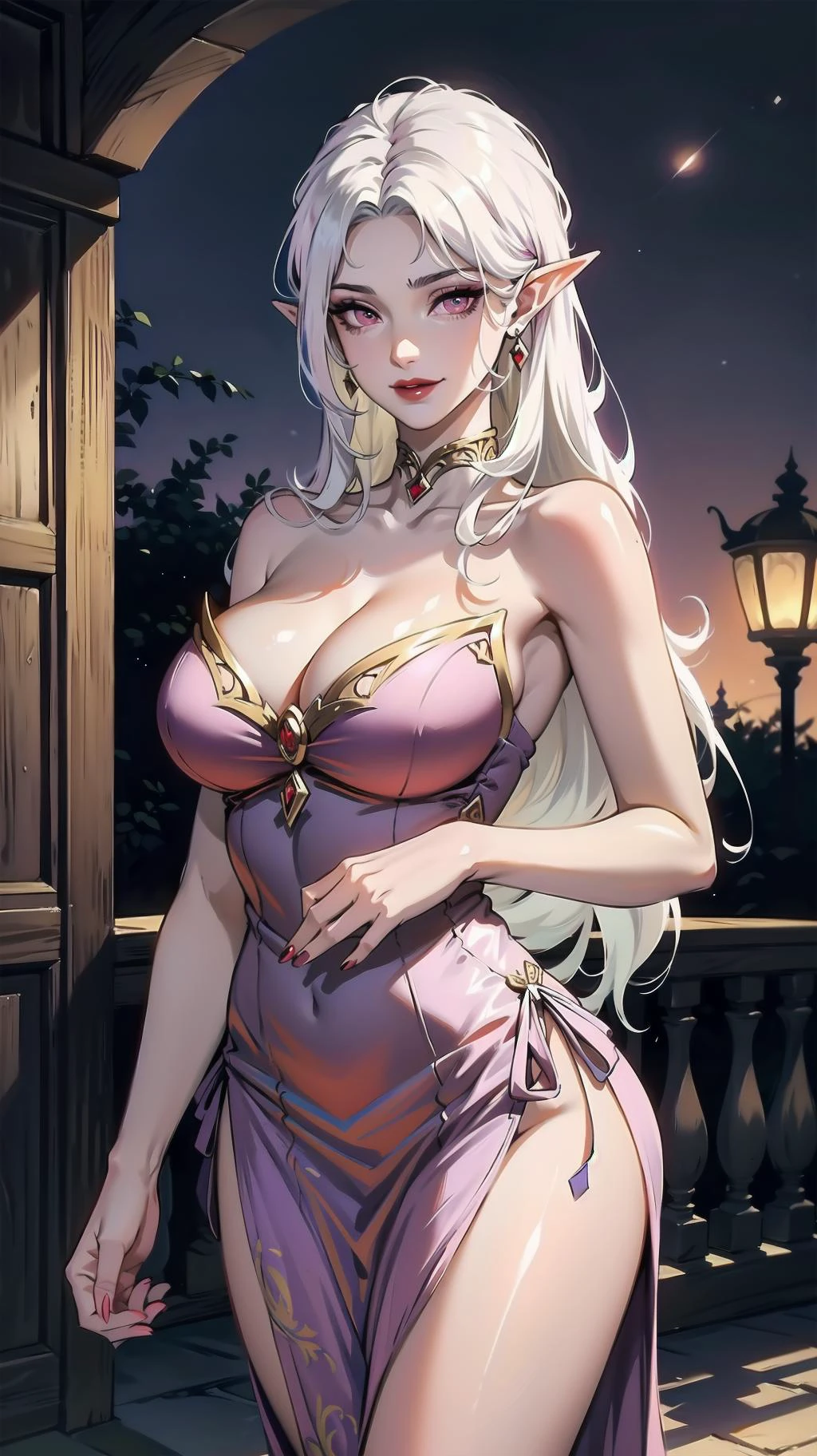 (fantasy realms:1.6, magical atmosphere:1.4, fullmoon, moonlight, outdoor), (standing, outdoor), 1girl, ( (beauty:1.8, beautiful:1.8, elegance:1.6), elf ears, (long straight hair:1.4), (white hair:1.4), (mauve eyes:1.6), red lips, tall, curvy, large breast, sagging breast, sexy, atractive, jewlry, slightly makeup, smirk, one piece dress:1.6, eleborate dress:1.4, fine fabric emphasis, cleavage, (white skin:1.4), evil smile) , (master piece:1.4, best quality:1.4, intricate details, highres, eleborate atmosphere:0.90, 8K, 4K, UHD, Ultra Detailed 8K CG, ultra high res, High quality texture, High quality shadow, vivid colors, HDR) <lora:cailin-v1.5-realistic-final-6ep:0.60>