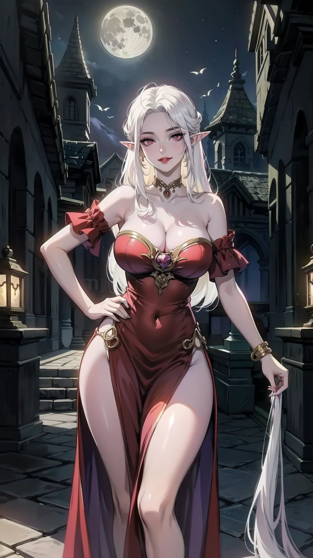(fantasy realms:1.6, magical atmosphere:1.4, fullmoon, moonlight, outdoor), (standing, outdoor), 1girl, ( (beauty:1.8, beautiful:1.8, elegance:1.6), elf ears, (long straight hair:1.4), (white hair:1.4), (mauve eyes:1.6), red lips, tall, curvy, large breast, sagging breast, sexy, atractive, jewlry, slightly makeup, smirk, one piece dress:1.6, eleborate dress:1.4, fine fabric emphasis, cleavage, (white skin:1.4), evil smile) , (master piece:1.4, best quality:1.4, intricate details, highres, eleborate atmosphere:0.90, 8K, 4K, UHD, Ultra Detailed 8K CG, ultra high res, High quality texture, High quality shadow, vivid colors, HDR) <lora:cailin-v1.5-realistic-final-6ep:0.60>