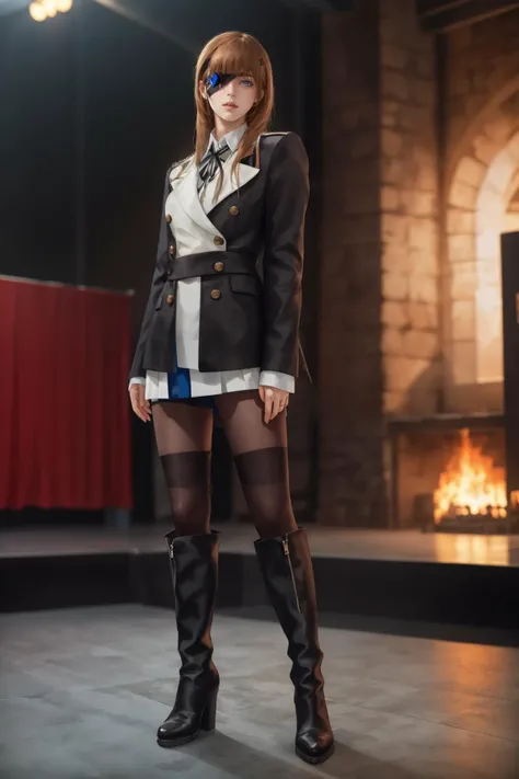 8k,highres,absurdres,masterpiece,best quality,original,extremely detailed CG,extremely detailed wallpaper,perfect lighting,<lyco:GoodHands-beta2:1>,
1girl,solo,blurry_background,looking_at_viewer,standing on the stage,
<lora:Ophelia:0.7>,Ophelia,long hair,blue eyes,skirt,brown hair,shirt,long sleeves,ribbon,jacket,white shirt,pantyhose,boots,collared shirt,blue skirt,black jacket,black pantyhose,black ribbon,neck ribbon,brown footwear,eyepatch,knee boots,