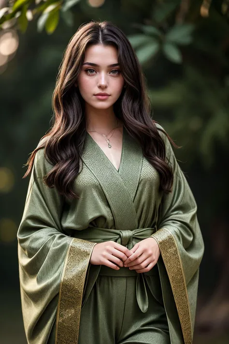 full body photo of beautiful (jcl3m3nts:0.99), a woman with perfect hair, wearing Olive Green (Kimono, Palazzo Pants:1.1), (plain background:1.1), modelshoot style, (extremely detailed CG unity 8k wallpaper), professional majestic photography, (Leica M6 Camera), 24mm, exposure blend, hdr, faded, extremely intricate, High (Detail:1.1), Sharp focus, dramatic, soft cinematic light, (looking at viewer), (detailed pupils), 4k textures, elegant, ((((cinematic look)))), soothing tones, insane details, hyperdetailed, low contrast
