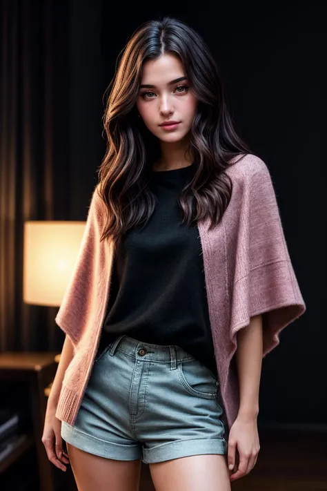 full body photo of beautiful (jcl3m3nts:0.99), a woman with perfect hair, wearing Lip Pink (Poncho, Chino Shorts:1.1),  (plain background:1.1), modelshoot style, (extremely detailed CG unity 8k wallpaper), professional majestic photography, (Leica M6 Camera), 24mm, exposure blend, hdr, faded, extremely intricate, High (Detail:1.1), Sharp focus, dramatic, soft cinematic light, (looking at viewer), (detailed pupils), 4k textures, elegant, ((((cinematic look)))), soothing tones, insane details, hyperdetailed, low contrast