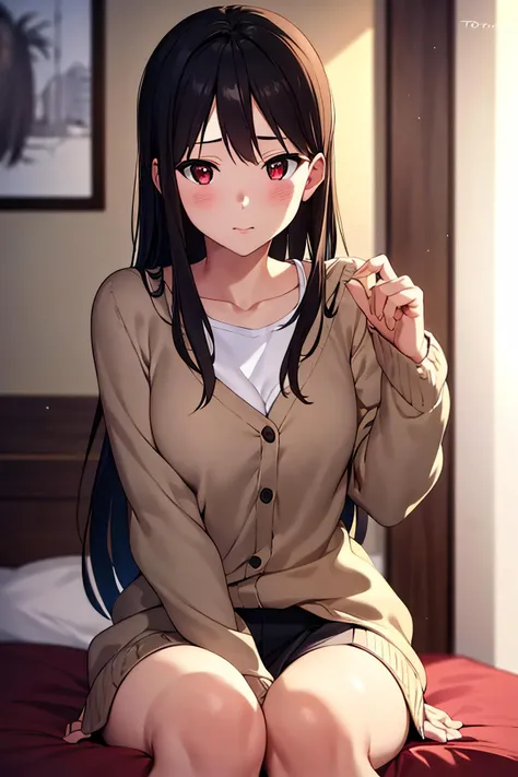 masterpiece, (best quality), 1woman,1girl ,mitsuki_nase, black hair, long hair, red eyes, brown eyes, white shirt,sweater, cardigan ,sexy woman, closed clothes, blush, vibrant colors ,natural lighting ,RTX, sitting on bedroom, beautiful, (detailed face:1.2), medium breasts, showcase, (perfect eyes:1.1) ,(photorealistic:1.1), 8k uhd, looking a viewer, indoors, simple backround, (perfect fingers)