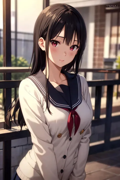 masterpiece, (best quality), 1woman,1girl ,mitsuki_nase, black hair, long hair, red eyes, brown eyes, white shirt,serafuku, cardigan ,sexy woman, closed clothes, blush, vibrant colors ,natural lighting ,RTX, , beautiful, (detailed face:1.2), medium breasts, showcase, (perfect eyes:1.1) ,(photorealistic:1.1), 8k uhd, looking a viewer, outdoors, simple backround, (perfect fingers)