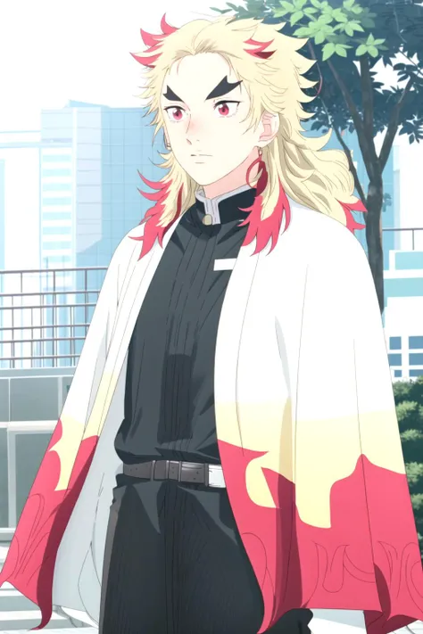 <lora:skip_and_loafer_v4-12:0.95>,   <lora:Rengoku_Kyoujurou_v1:0.75> , 1boy, mature male, yellow hair, red hair, long hair, two-tone hair, thick eyebrows, red eyes,  cowboy shot,  demon slayer uniform, white cape, black jacket, white belt, black pants, outdoors, flame print
