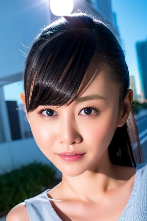 (RAW photo:1.2),(photorealistic:1.4),(masterpiece:1.3),(best quality:1.4),ultra high res, HDR,8k resolution, dreamlike, check commentary,commentary request,scenery,((no text)), solo focus, (detailed eyes),(detailed facial features), (detailed clothes features), skin tight, (shiny skin),(slender),(slim),(beautiful face), 1boy, VirtualGirl-Ren, young, bangs,black hair, blue eyes,ear studs, loose shirt, smile, bashfully,cute, look straight into the camera,