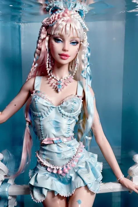 <lora:BarbieV1:0.8>   <lora:AlinaV1:0.5>  a Kida girl goddess with big detailed eyes and big lips and long exotic white dreadlocks , wearing exotic white blue lingerie dress , pale skin ,  Atlantis underwater pink city background   , beautiful detailed face , full body  , slim body , rococo   ,  iridescent ,  (masterpiece, top quality, best quality , beautiful and aesthetic:1.2)