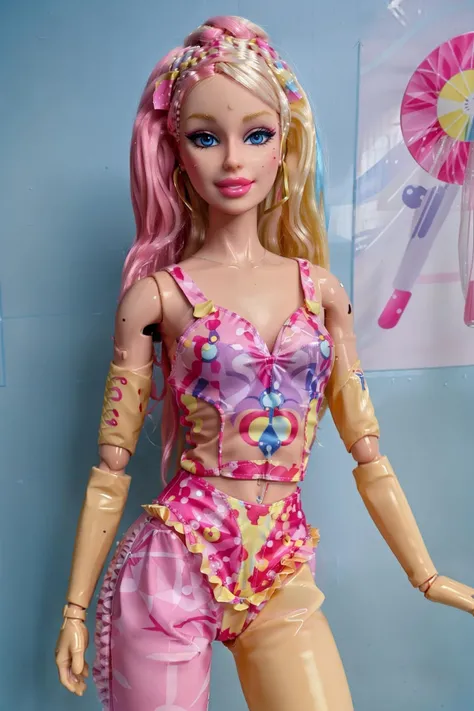 <lora:BarbieV1:0.8> <lora:AlinaV1:0.5>  plastic aerobics girl with blonde yellow curly long hair , wearing aerobics 1980s bodysuit and leggings  , vaporwave mall background , plastic body , doll joints , pale light skin , full body ,(masterpiece, top quality, best quality, official art, beautiful and aesthetic:1.2)