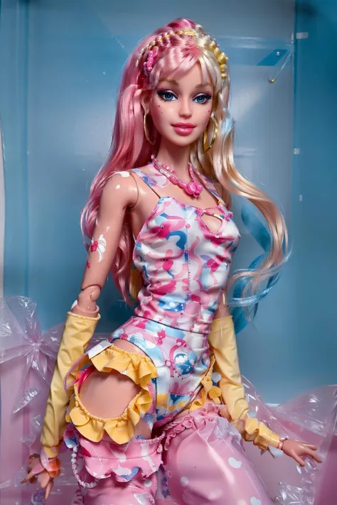 <lora:BarbieV1:0.8> <lora:AlinaV1:0.5>  aerobics girl with blonde yellow curly 1980s hairstyle, wearing aerobics 1980s bodysuit and leggings  , vaporwave mall background , plastic body , doll joints , pale light skin , full body ,(masterpiece, top quality, best quality, official art, beautiful and aesthetic:1.2)