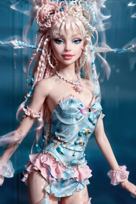 <lora:BarbieV1:0.8> <lora:AlinaV1:0.5> a Kida girl goddess with big detailed eyes and big lips and long exotic white dreadlocks , wearing exotic white blue lingerie dress , pale skin , Atlantis underwater pink city background , beautiful detailed face , full body , slim body , rococo , iridescent , (masterpiece, top quality, best quality , beautiful and aesthetic:1.2)