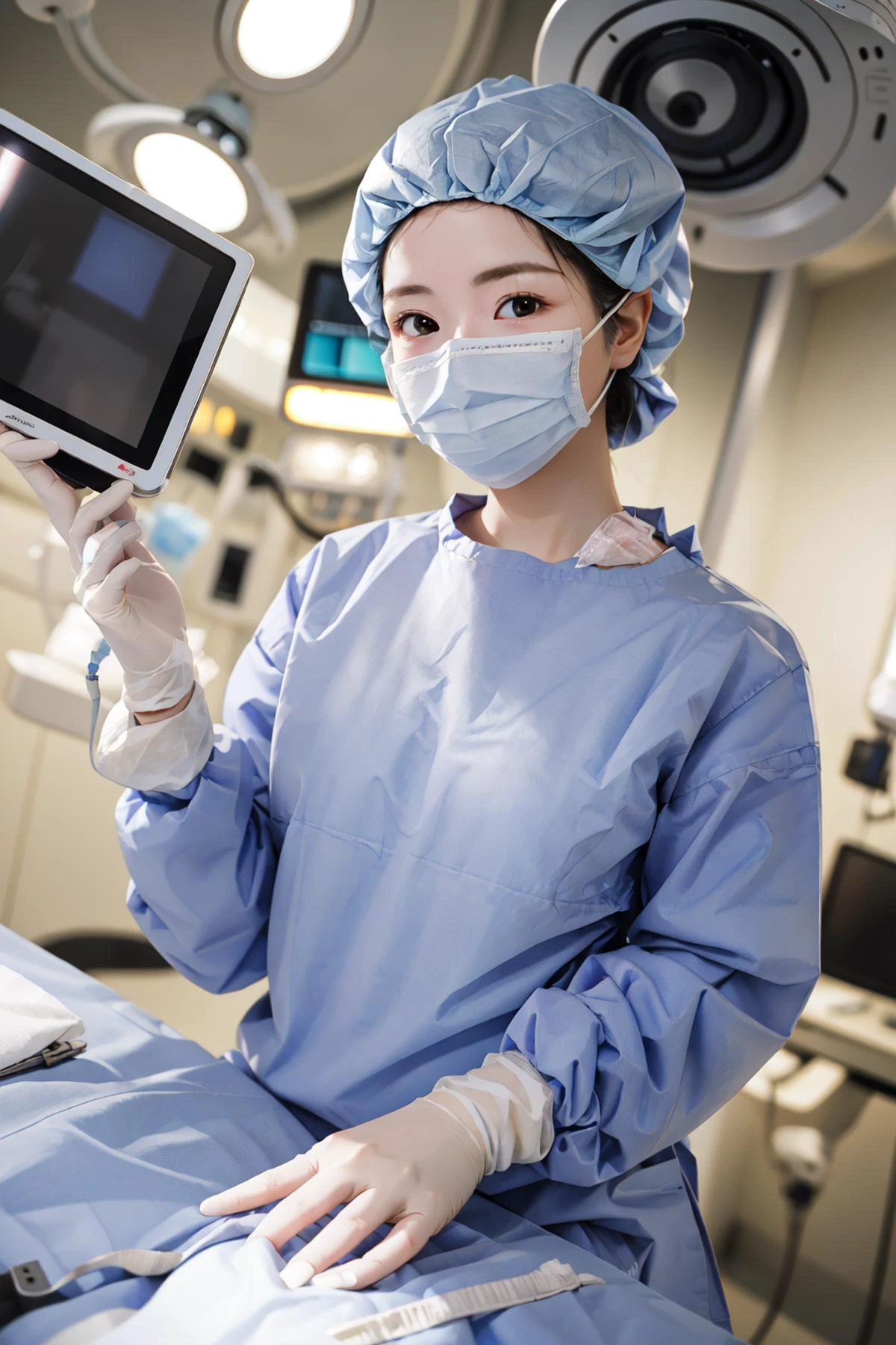 (RAW photo, best quality), 1girl, long sleeve surgical outfit, surgical mask, surgical gloves, surgical cap, operating room, overhead surgical light, dslr, blurred background, focused
<lora:concept_surgery_cap_v2_1:1> surgery_cap,
<lora:javMomo_v13:0.6>