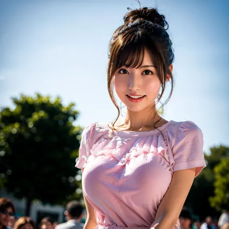 best quality, 1girl, (skindentation), large breast,day,  bright, blur background, outdoor, (street:0.6), people, crowds, (bun hair), blouse, gorgeous, floating hair, (dynamic pose:0.6), soft lighting, wind, detailed sky,  <lora:javMomo_v13:0.7>