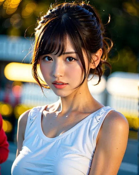 best quality, 1girl, (skindentation), large breast,day, bright, blur background, outdoor, (street:0.6), people, crowds, (short hair:1.5), blouse, gorgeous, floating hair, (dynamic pose:0.6), soft lighting, wind, detailed sky, <lora:javMomo_v13:0.65>