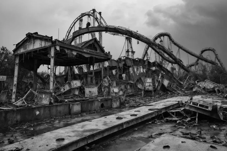 monochrome, <lora:NigelParry_P4RRY:0.6> P4RRY, a dark scene at night, an abandoned amusement park, broken roller coaster, loose boards, ruins, thunderstorm, rain, no human