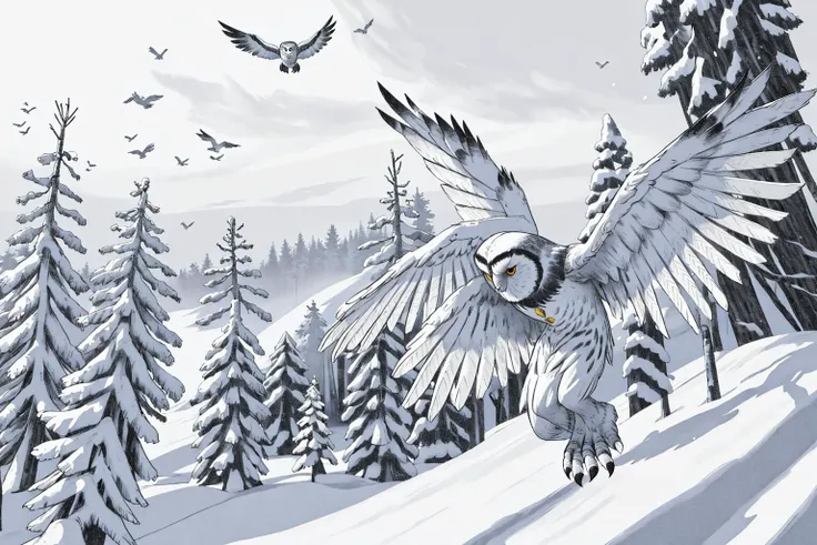 monochrome <lora:NigelParry_P4RRY:0.7> P4RRY, an owl flying over a snowy landscape, wings spread, trees, snow, winter scene