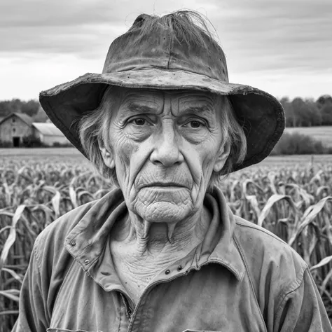 monochrome, <lora:NigelParry_P4RRY:0.5> P4RRY, a closeup of an elderly man with weathered skin, wrinkles, wearing coveralls, on a farm, standing in a field of harvested cornstalks, farm buildings in the background