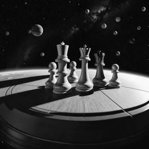 monochrome, <lora:NigelParry_P4RRY:0.65> P4RRY, a chess board floating in space