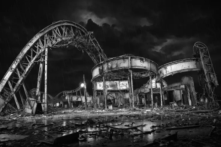 monochrome, <lora:NigelParry_P4RRY:0.6> P4RRY, a dark scene at night, an abandoned amusement park, broken roller coaster, loose boards, ruins, thunderstorm, rain, no human
