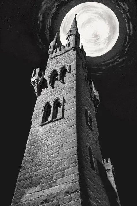 <lora:NigelParry_P4RRY:0.7> P4RRY, a stone castle tower at night, dark clouds, looking up, foreshortened, lighted window