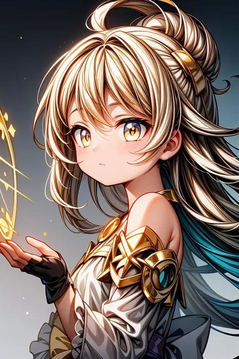 professional_artwork,best_quality,(white and gold theme:1.3),1girl,solo,(beautiful,cute,elegant,mature_female:1.2),closed_mouth,((Detailed)), ((Masterpiece)), ((Impressive)), ((Magic Circle)), ((Elegant)), ((Mind-blowing)), ((Phenomenal)), anime, Shojo, Drama, digital artwork, Digital masterpiece, Digital masterpiece, Digital illustration, neon light, Neon illumination, Electrifying light, Vibrant glow, 35mm, Panoramic view,Illustration,Cover,enigmatic figure,crystals adorning hair,dreamlike swirl,pastel hues,soft light,evoking calm serenity and elusive beauty,Non-representational,colors and shapes,expression of feelings,imaginative,highly detailed,shoulder_sash,white_trim,gold_eyes,fingerless_gloves,headwear,close-up,looking_at_viewer,from_side