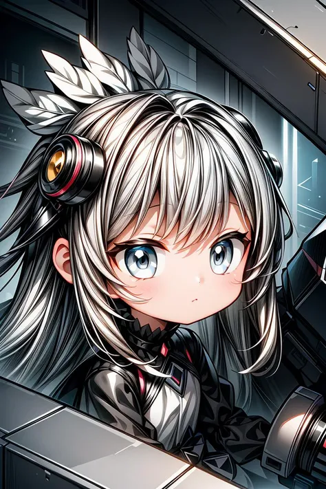 (black and silver theme:1.2),1girl,(cute,kawaii:1.2),hair_ornament,long_hair,grey_eyes,solo,closed_mouth,((Phenomenal)), ((Elegant)), ((8K)), ((Astounding)), ((Mind-blowing)), ((Detailed)), anime, Sci-Fi, Giant Robots, Mecha, vector art, Digital vector, Geometric design, Scalable art, soft lighting, Mild lighting, Gentle illumination, Feathered lighting, zoom lens, Variable focal length lens, Telephoto lens, Wide-angle lens