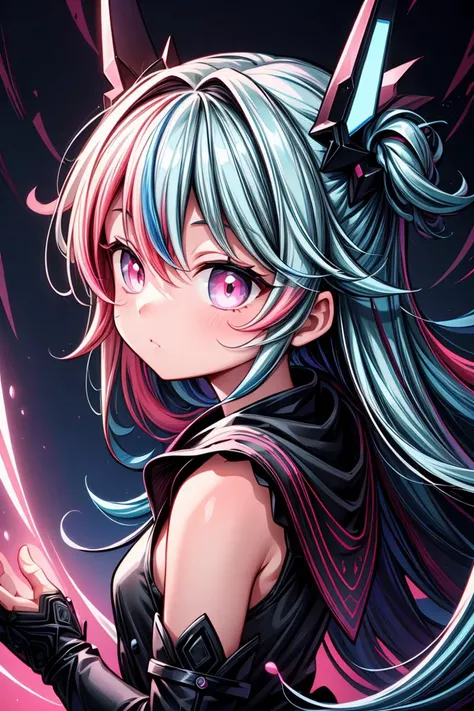 (multicolored_eyes,multicolored_backgroud:1.3),masterpiece,professional_artwork,(cover,album_art,extremely_high_quality_artwork:1.3),best_quality,(purple and blue and pink theme:1.3),1girl,solo,long_hair,from_side,kawaii,cute,closed_mouth,((Breathtaking)), ((Masterpiece)), ((Intricate)), ((Astounding)), ((Enchanting)), ((Detailed)), anime, Game-like Mechanics, Fantasy, Overpowered Protagonist, color splash, Color accent, Selective color, Color highlight, neon light, Neon illumination, Glowing light, Electrifying light, 80mm, Portrait lens, Medium telephoto, Flattering focal length