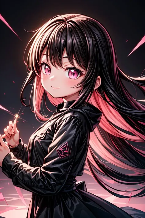 masterpiece,professional_artwork,cover,album_art,best_quality,(pink and black theme:1.3),1girl,solo,long_hair,from_side,light_smile,closed_mouth,((8K)), ((Astounding)), ((Immersive)), ((Magnificent)), ((Striking)), ((Masterpiece)), anime, Heartwarming, Character-driven, Minimal Plot, fractal, Self-similar pattern, Fractal visualization, Complex geometry, cinematic lighting, Filmic illumination, Dramatic lighting, Mood lighting, 50mm, Versatile focal length, Natural field of view, Nifty fifty