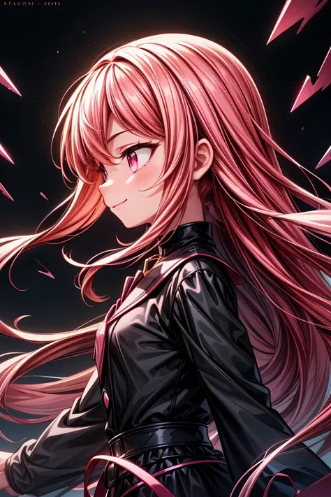 masterpiece,professional_artwork,cover,album_art,best_quality,(pink and black theme:1.3),1girl,solo,long_hair,from_side,light_smile,closed_mouth,((8K)), ((Astounding)), ((Immersive)), ((Magnificent)), ((Striking)), ((Masterpiece)), anime, Heartwarming, Character-driven, Minimal Plot, fractal, Self-similar pattern, Fractal visualization, Complex geometry, cinematic lighting, Filmic illumination, Dramatic lighting, Mood lighting, 50mm, Versatile focal length, Natural field of view, Nifty fifty