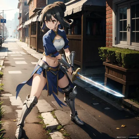 masterpiece, best quality, (colorful),(delicate eyes and face), volumetric light, ray tracing, extremely detailed CG unity 8k wallpaper, miyu edelfelt, pendragonarmor, 1girl, solo, ribbon, holding, standing, full body, weapon, short sleeves, boots, midriff, sword, hair bun, holding weapon, holding sword, single hair bun, blue ribbon, breastplate, armored boots <lora:artkoikoi_miyu_edelfelt_full-000003:1>