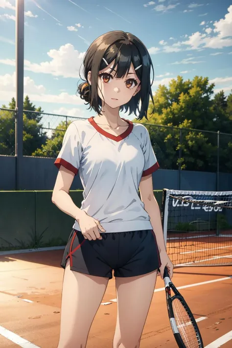 masterpiece, best quality, (colorful),(delicate eyes and face), volumetric light, ray tracing, extremely detailed CG unity 8k wallpaper, miyu edelfelt, 1girl, solo, looking at viewer, shirt, collarbone, white shirt, short sleeves, outdoors, sky, shorts, day, cloud, blue sky, gym uniform, blue shorts, gym shirt, outdoors, tennis court <lora:artkoikoi_miyu_edelfelt_full-000003:0.85>