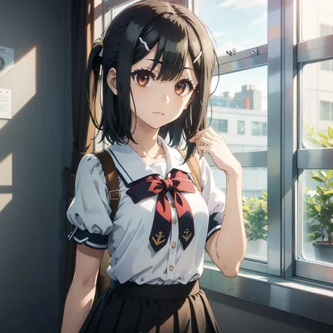masterpiece, best quality, (colorful),(delicate eyes and face), volumetric light, ray tracing, extremely detailed CG unity 8k wallpaper, miyu edelfelt, schooluniformv2, 1girl, solo, looking at viewer, skirt, shirt, bow, ribbon, closed mouth, white shirt, short sleeves, pleated skirt, puffy sleeves, indoors, hand up, black skirt, puffy short sleeves, window <lora:artkoikoi_miyu_edelfelt_full-000003:0.85>
