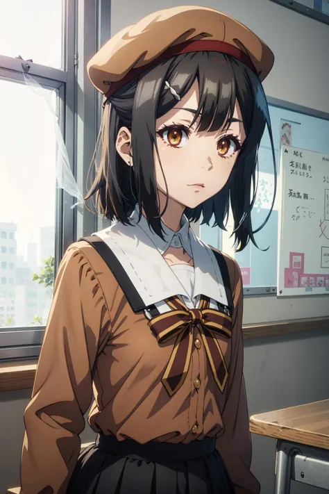 masterpiece, best quality, (colorful),(delicate eyes and face), volumetric light, ray tracing, extremely detailed CG unity 8k wallpaper, miyu edelfelt, schooluniformv1, 1girl, solo, skirt, shirt, long sleeves, bow, ribbon, closed mouth, pleated skirt, black skirt, sailor collar, brown shirt, brown beret, classroom <lora:artkoikoi_miyu_edelfelt_full-000003:0.85>