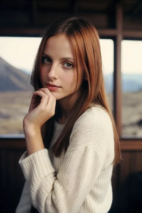 photo of Alyss4Fl4m3s_HM-140, a woman, perfect hair, (modern photo), wearing long sweater and slacks, 135mm standard (analog, cinematic, film grain:1.3), Volcanic Expanse, Planet with active volcanoes, lava, and smoking vents., detailed eyes, professional pose, (epiCPhoto), (looking at viewer:1.1), (cinematic shot:1.3), (short style lighting), OverallDetail, SkinHairDetail