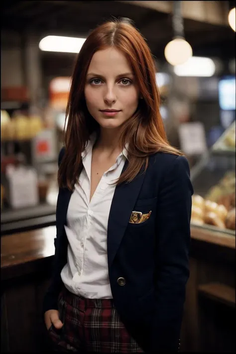 photo of Alyss4Fl4m3s_HM-140, a woman, perfect hair, (modern photo), wearing blazer, button-up, slacks, 20mm medium telephoto (analog, cinematic, film grain:1.3), Interstellar Trading Post, Marketplace with exotic goods, alien species, and diverse intergalactic cultures., detailed eyes, professional pose, (epiCPhoto), (looking at viewer:1.1), (cinematic shot:1.3), (loop style lighting), OverallDetail, SkinHairDetail