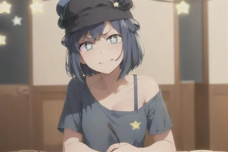 ((gelato on table:1.3)), focus gelato,<lora:AkaneV2:0.7>, 1girl, short hair, solo, blue hair, blue eyes, opened mouth, closed mouth, blurry background, upper body, black hair, smile, T-shirt, hat, ((angry)),green eyes, ((star-shaped pupils:1.3))